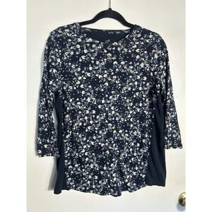 J. Jill Pima Cotton 3/4 Sleeve Side Inset Tee Shirt Floral‎ Navy Blue Women's M
